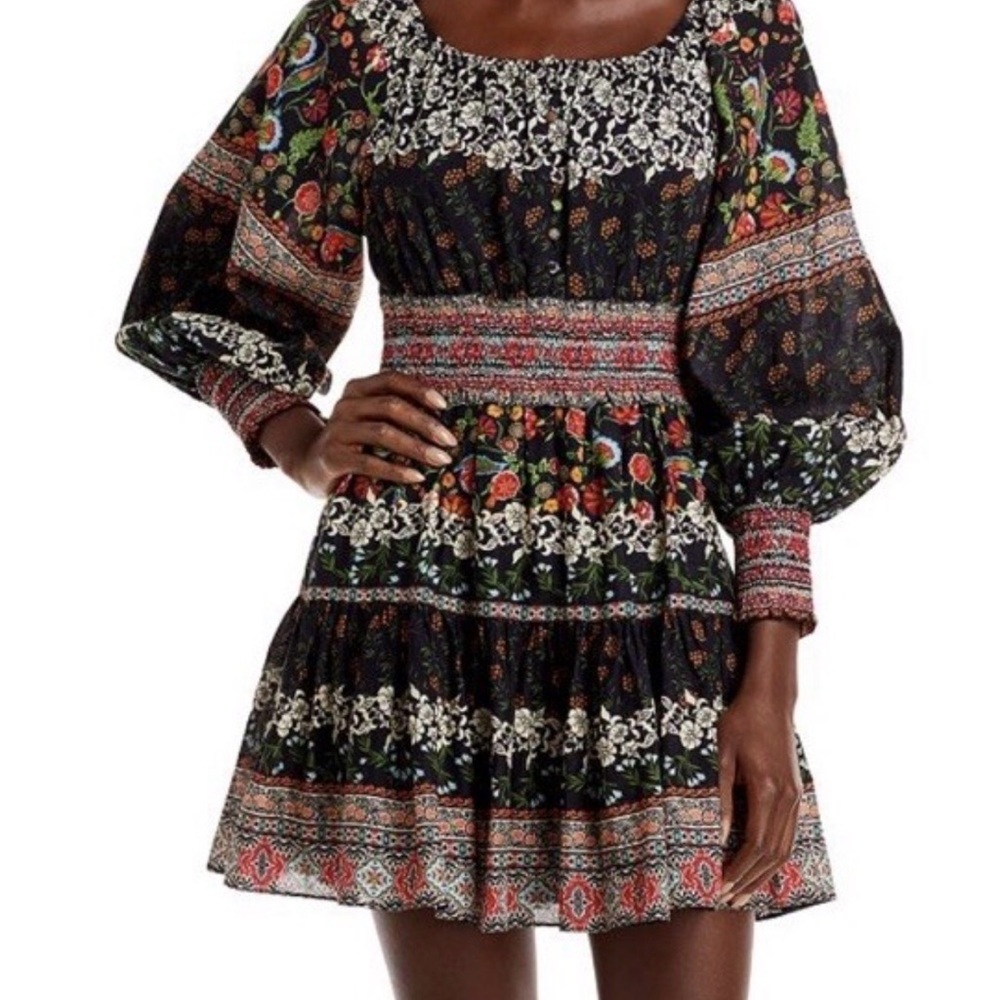 Alice + Olivia Clementina Paradise Floral Tiered Mini Dress Black Size 0 Boho